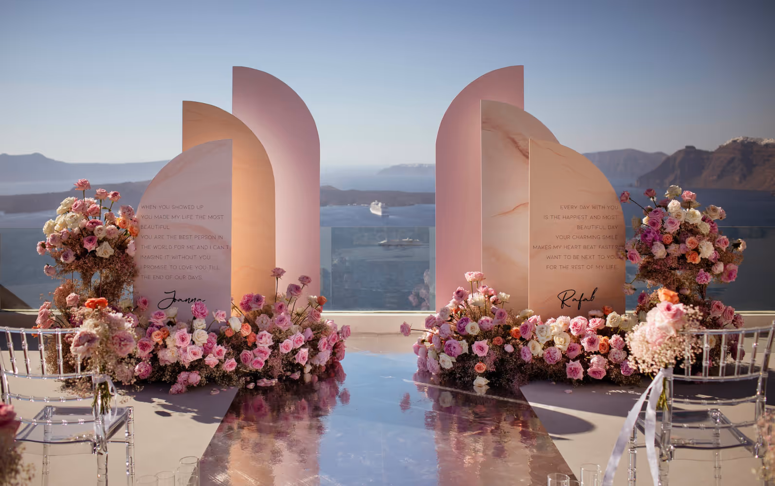 Wedding in Greece. Santorini. View of the pedestal where the wedding ceremony will take place.