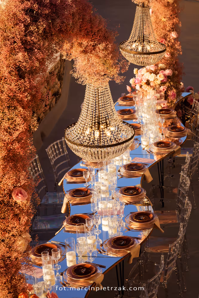 Wedding in Greece, Santorini. View of a beautifully decorated guest table.