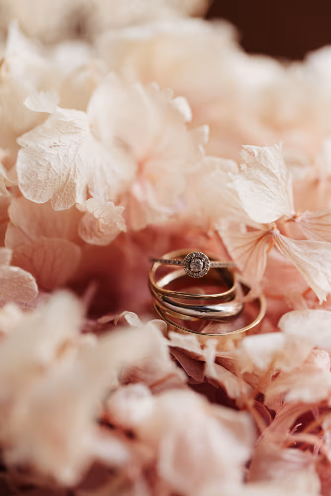 Wedding in Italy. Tuscany. A shot of the wedding rings against flowers