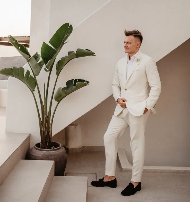 A wedding in Santorini, Greece. A shot of the groom.