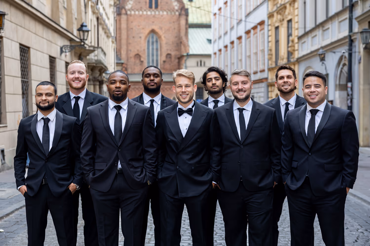 Wedding at the Wieliczka Salt Mine. Poland. A shot of the groom with groomsmen during a wedding session in Kraków