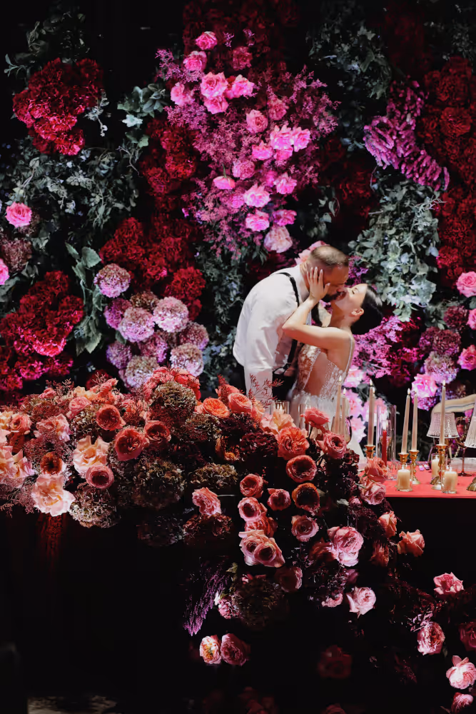 Wedding in Spain. Peralada. Young couple kissing passionately in the wedding hall